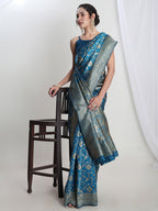 Janasya Teal Blue Silk Blend Geometric Jacquard Saree - Distacart