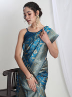 Janasya Teal Blue Silk Blend Geometric Jacquard Saree - Distacart