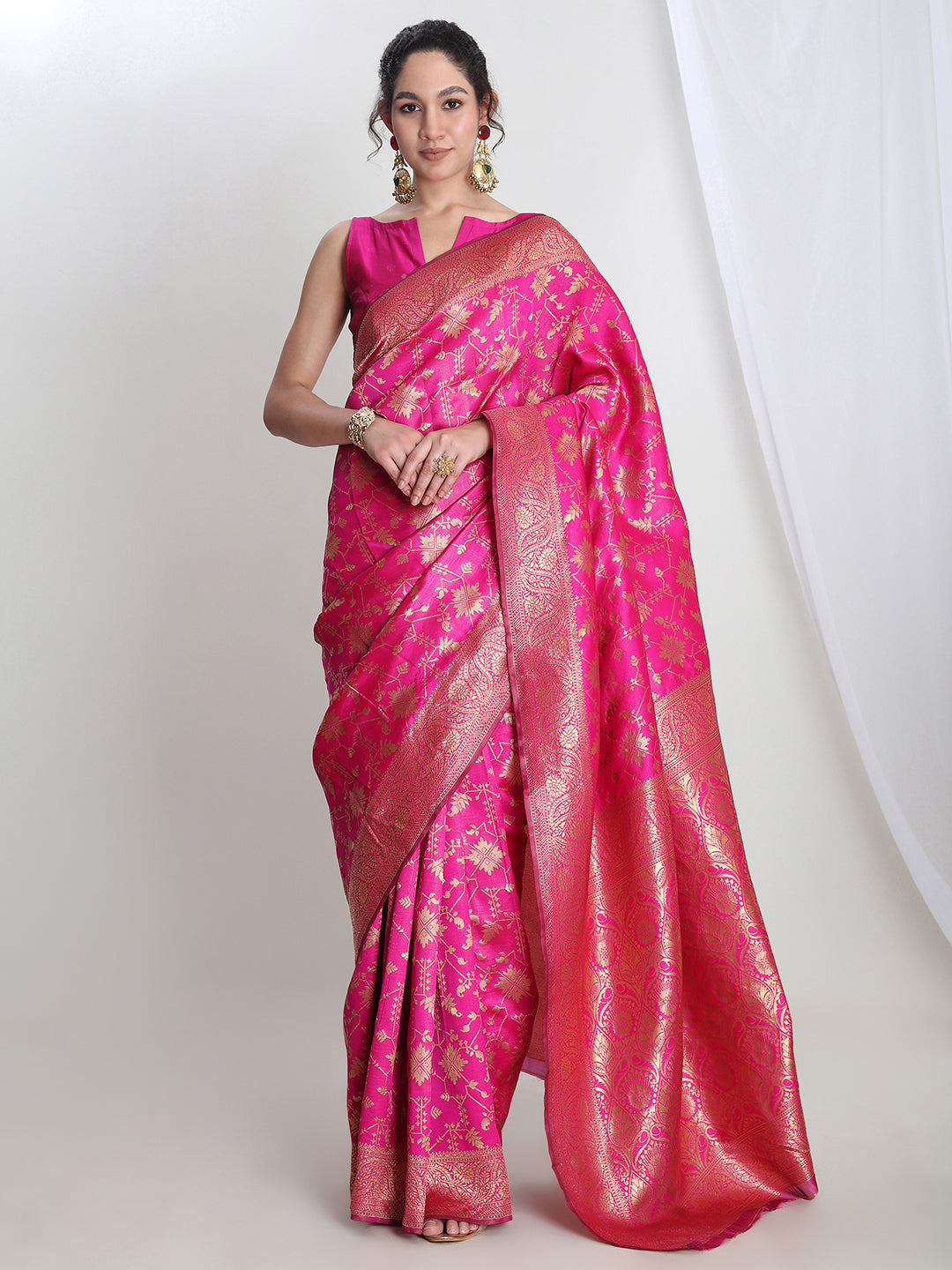Janasya Pink Silk Blend Geometric Jacquard Saree - Distacart