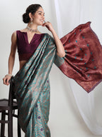 Janasya Sea Green Silk Blend Floral Jacquard Saree - Distacart