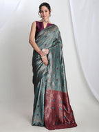 Janasya Sea Green Silk Blend Floral Jacquard Saree - Distacart