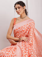 Janasya Peach Silk Blend Floral Jacquard Saree - Distacart
