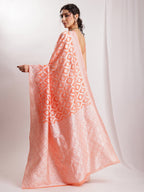 Janasya Peach Silk Blend Floral Jacquard Saree - Distacart