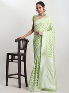Janasya Light Green Silk Blend Floral Jacquard Saree - Distacart