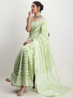 Janasya Light Green Silk Blend Floral Jacquard Saree - Distacart