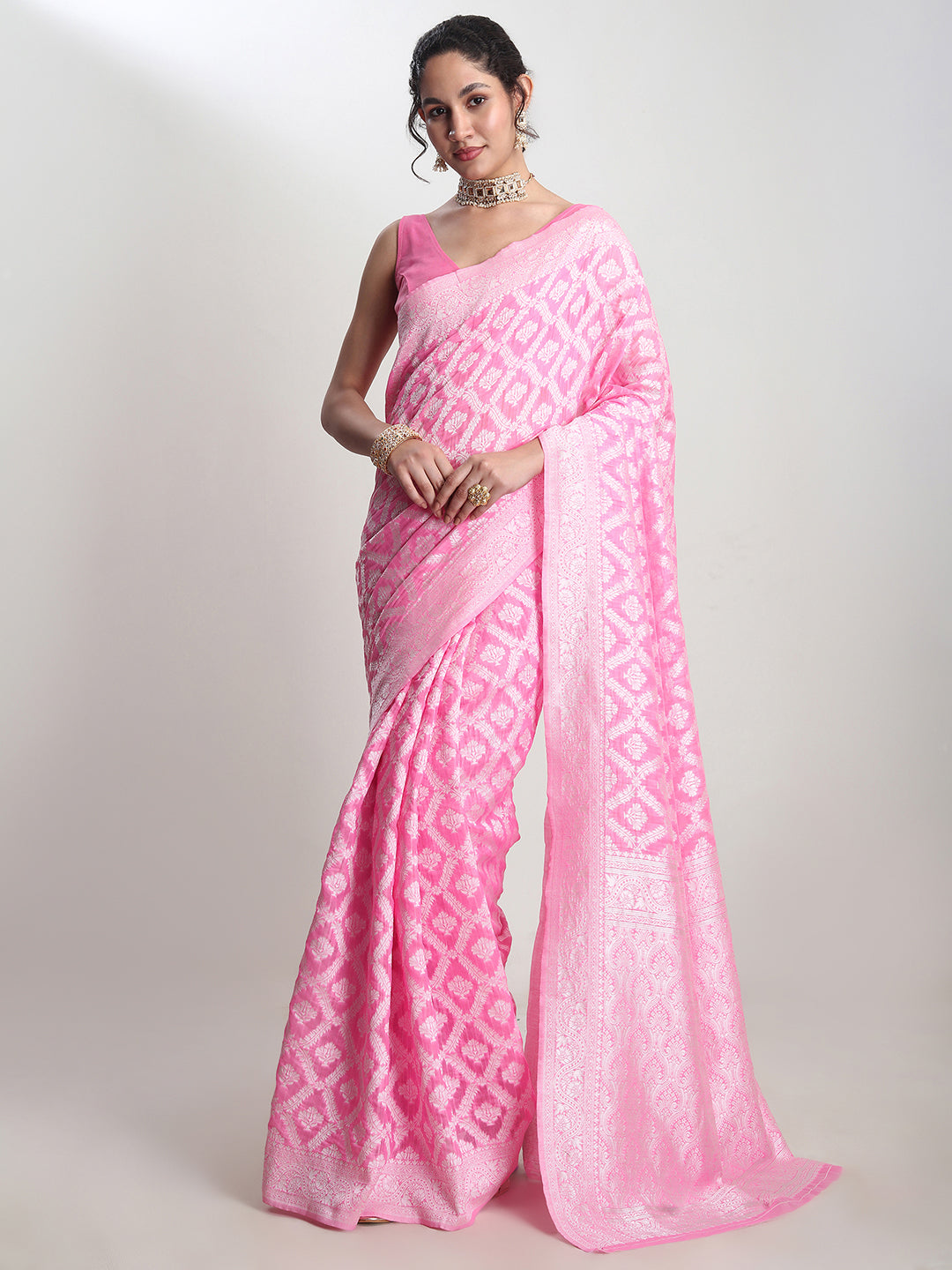 Janasya Pink Silk Blend Floral Jacquard Saree - Distacart