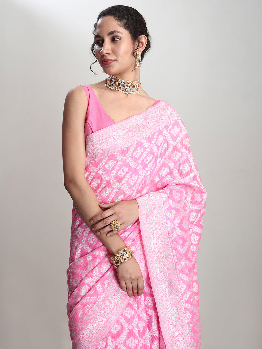 Janasya Pink Silk Blend Floral Jacquard Saree - Distacart