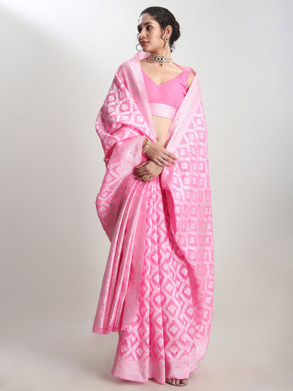 Janasya Pink Silk Blend Floral Jacquard Saree - Distacart