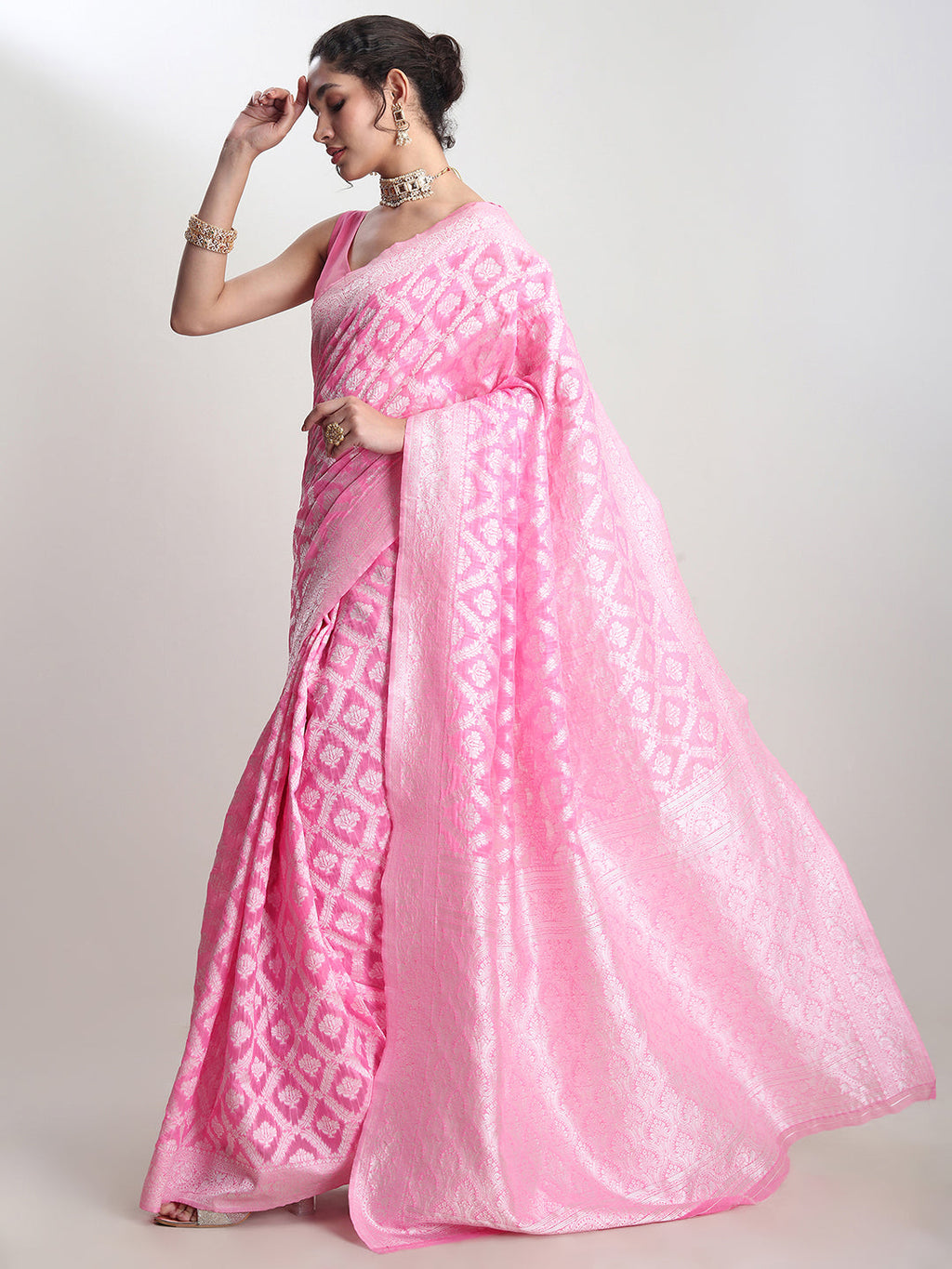 Janasya Pink Silk Blend Floral Jacquard Saree - Distacart