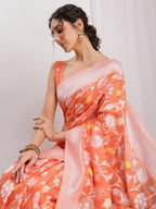 Janasya Peach Silk Blend Floral Jacquard Saree - Distacart