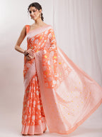 Janasya Peach Silk Blend Floral Jacquard Saree - Distacart