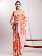 Janasya Peach Silk Blend Floral Jacquard Saree - Distacart