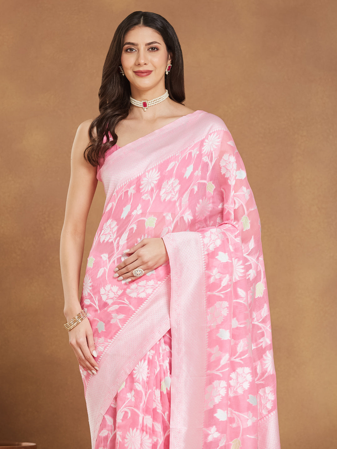 Janasya Light Pink Silk Blend Floral Jacquard Saree - Distacart