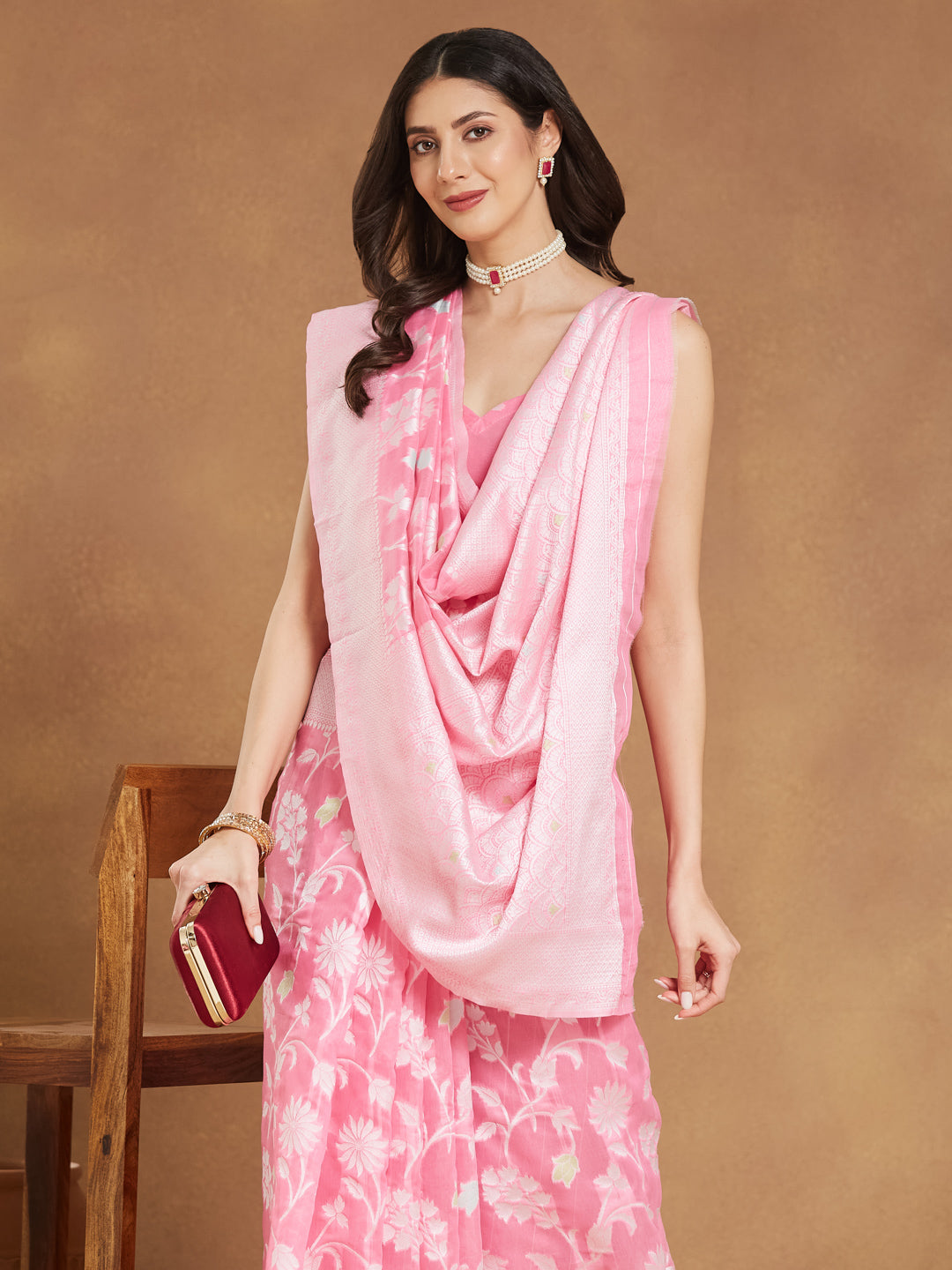 Janasya Light Pink Silk Blend Floral Jacquard Saree - Distacart