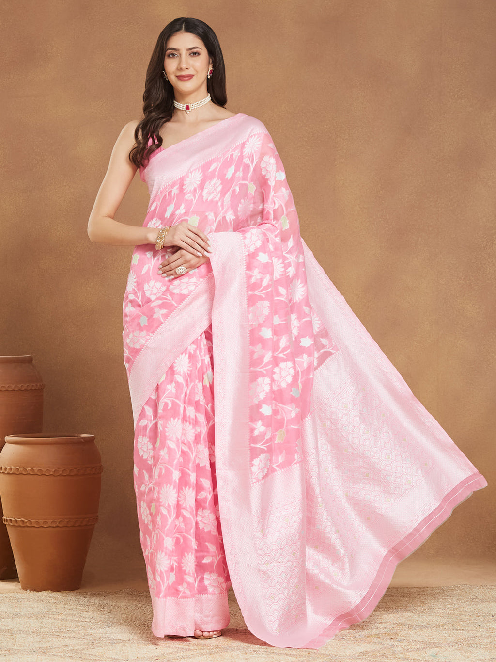Janasya Light Pink Silk Blend Floral Jacquard Saree - Distacart