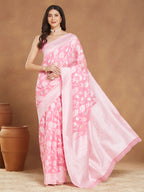 Janasya Light Pink Silk Blend Floral Jacquard Saree - Distacart