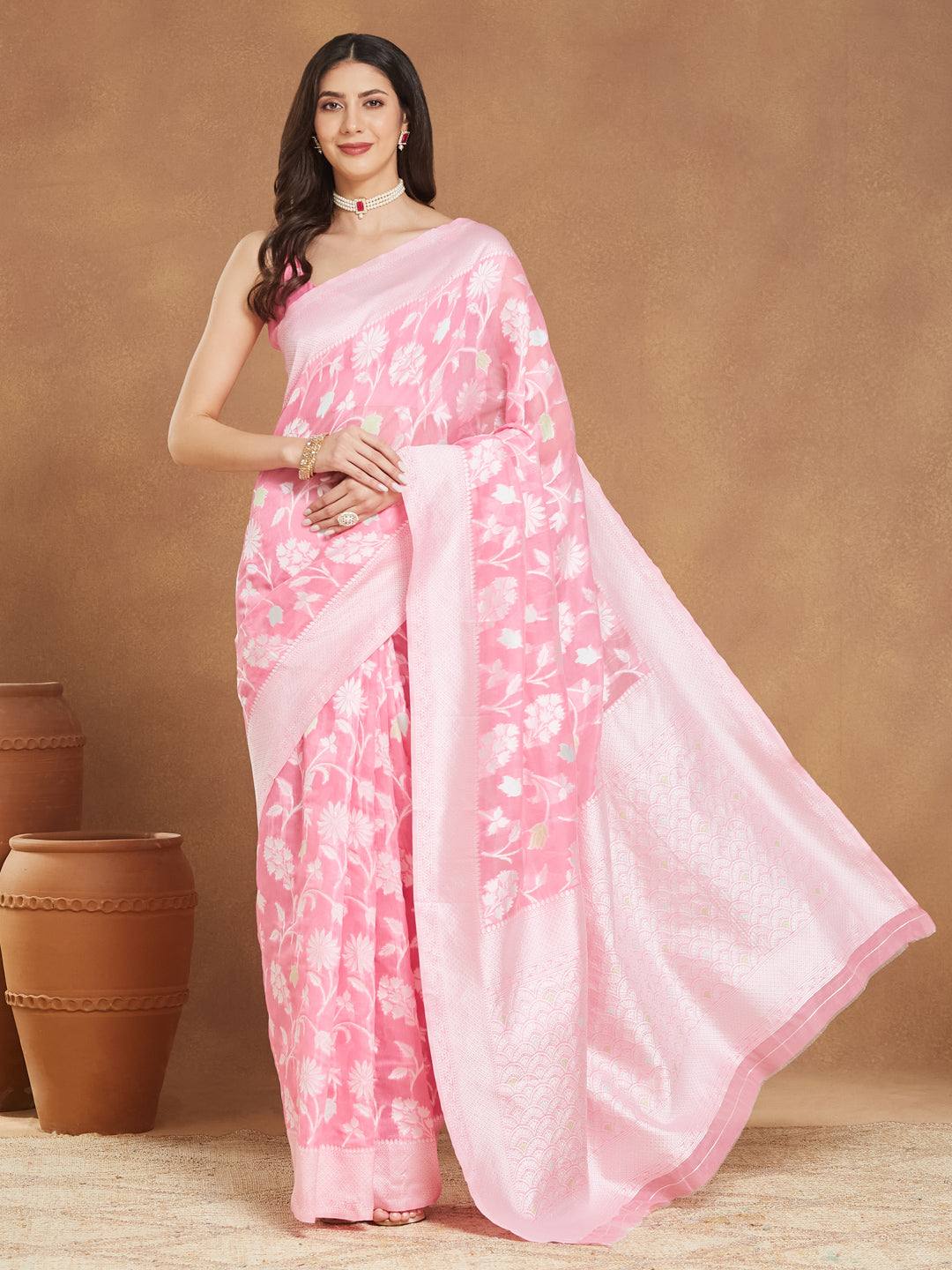 Janasya Light Pink Silk Blend Floral Jacquard Saree - Distacart