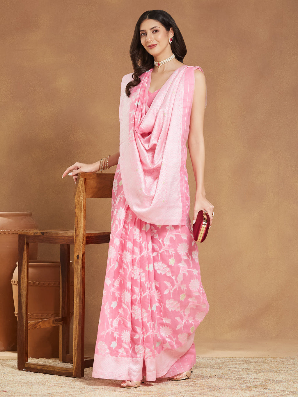 Janasya Light Pink Silk Blend Floral Jacquard Saree - Distacart
