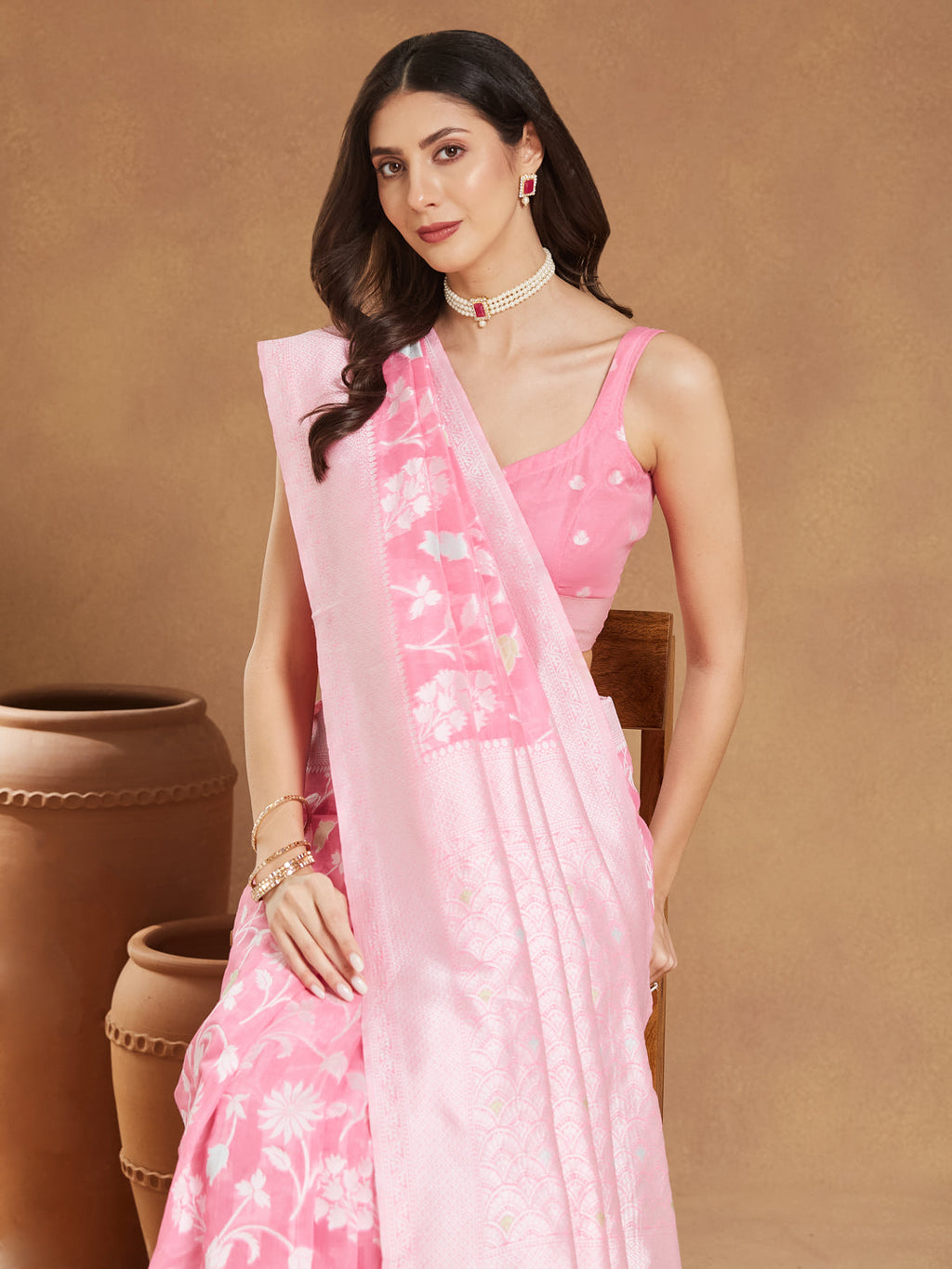 Janasya Light Pink Silk Blend Floral Jacquard Saree - Distacart