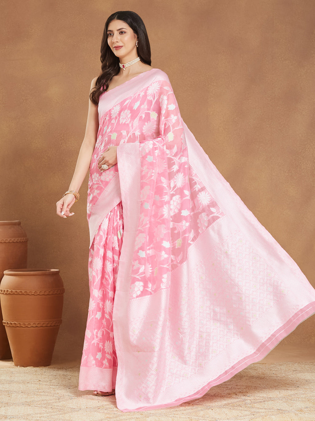 Janasya Light Pink Silk Blend Floral Jacquard Saree - Distacart