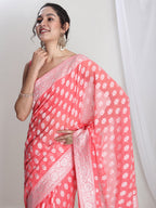 Janasya Coral Silk Blend Floral Jacquard Saree - Distacart