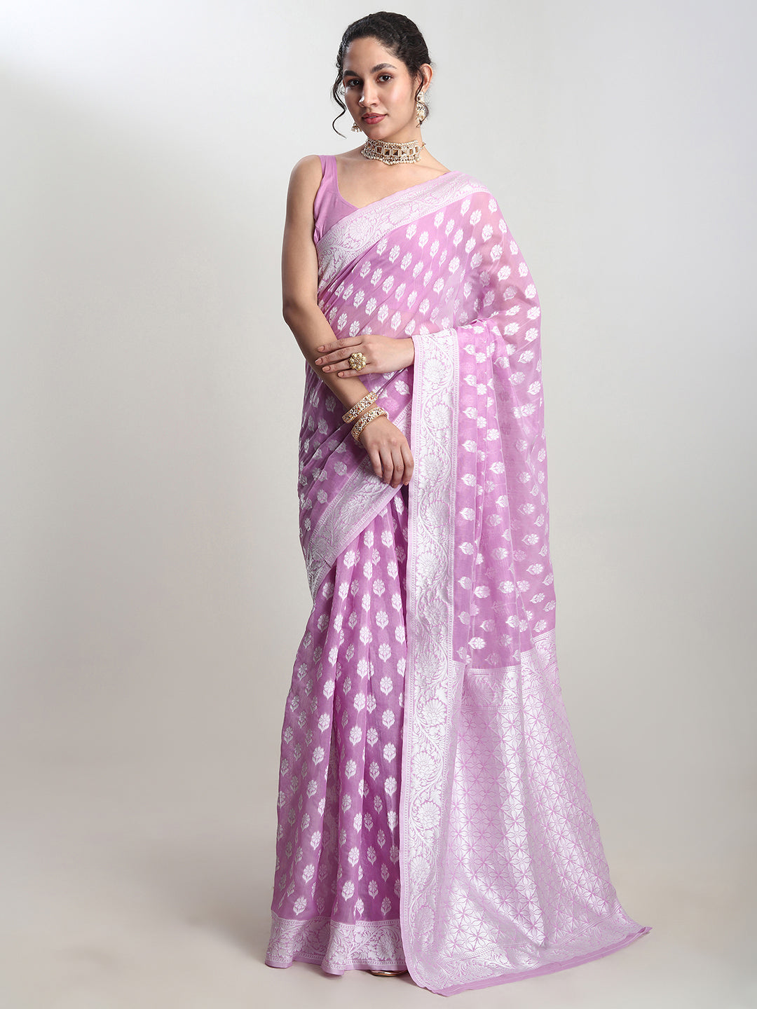 Janasya Lavender Silk Blend Floral Jacquard Saree - Distacart