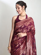 Janasya Purple Silk Blend Floral Jacquard Saree - Distacart