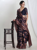 Janasya Navy Blue Silk Blend Floral Jacquard Saree - Distacart