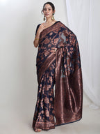Janasya Navy Blue Silk Blend Floral Jacquard Saree - Distacart