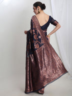 Janasya Navy Blue Silk Blend Floral Jacquard Saree - Distacart