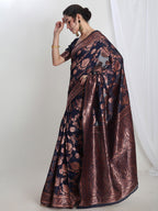 Janasya Navy Blue Silk Blend Floral Jacquard Saree - Distacart