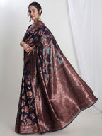 Janasya Navy Blue Silk Blend Floral Jacquard Saree - Distacart