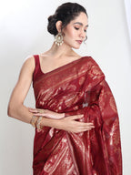 Janasya Red Silk Blend Floral Jacquard Saree - Distacart
