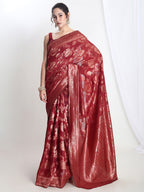 Janasya Red Silk Blend Floral Jacquard Saree - Distacart