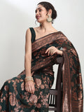 Janasya Dark Green Silk Blend Floral Jacquard Saree - Distacart