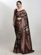 Janasya Dark Green Silk Blend Floral Jacquard Saree - Distacart