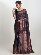 Janasya Indigo Silk Blend Floral Jacquard Saree - Distacart