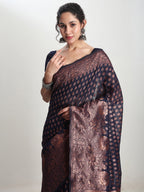 Janasya Indigo Silk Blend Floral Jacquard Saree - Distacart