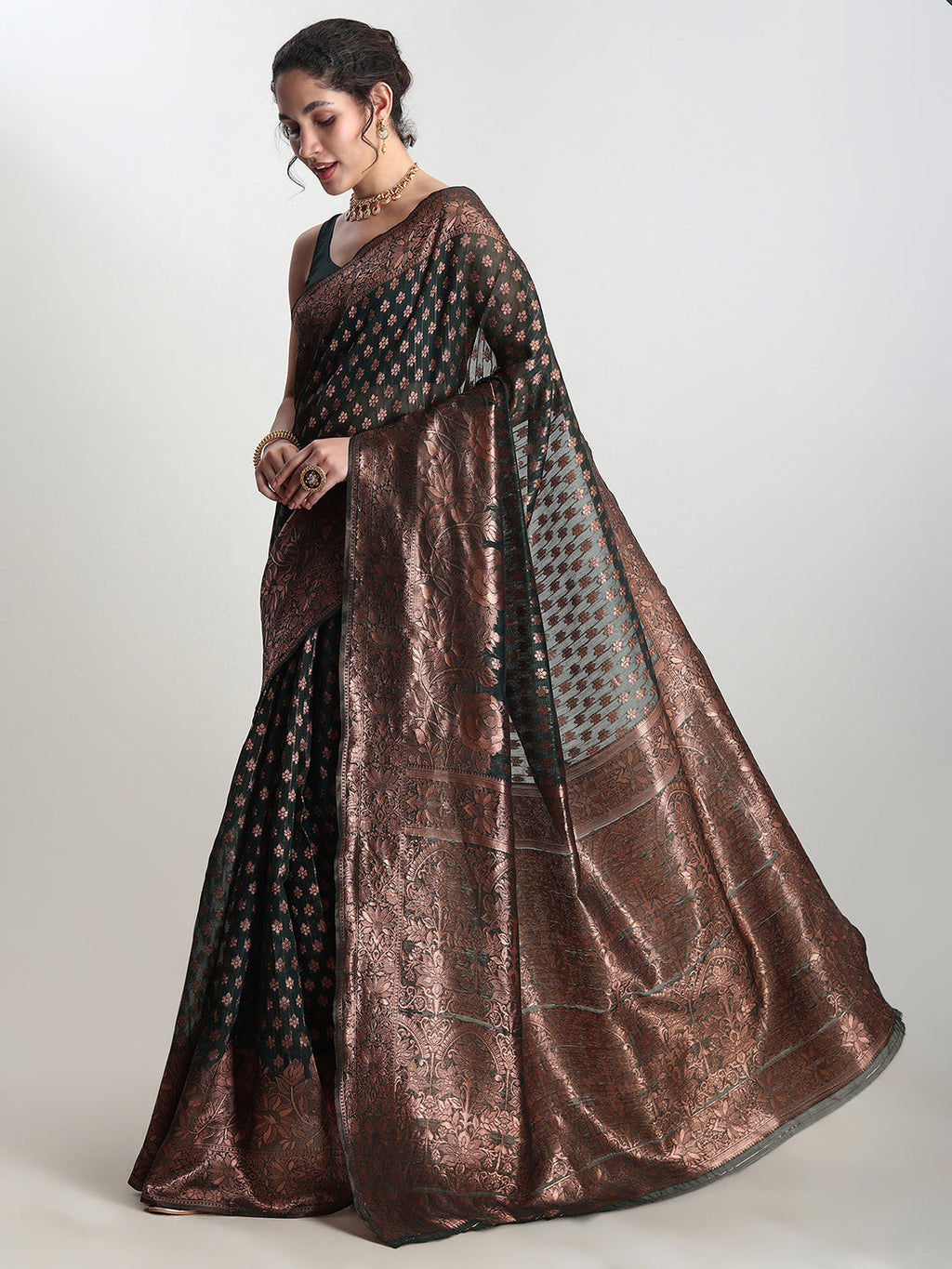 Janasya Dark Green Silk Blend Floral Jacquard Saree - Distacart