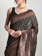 Janasya Dark Green Silk Blend Floral Jacquard Saree - Distacart