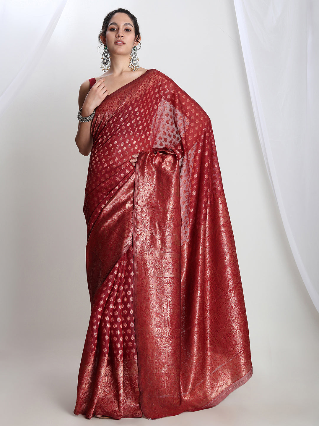 Janasya Red Silk Blend Floral Jacquard Saree - Distacart
