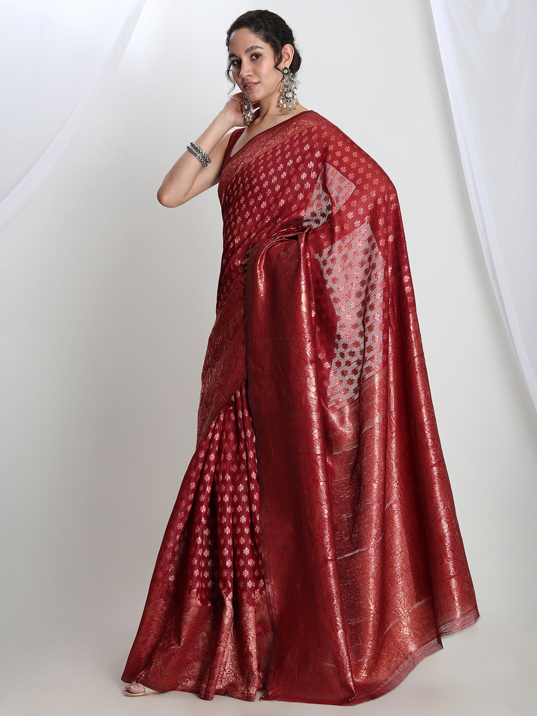 Janasya Red Silk Blend Floral Jacquard Saree - Distacart