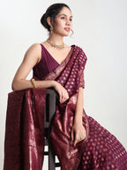 Janasya Purple Silk Blend Floral Jacquard Saree - Distacart