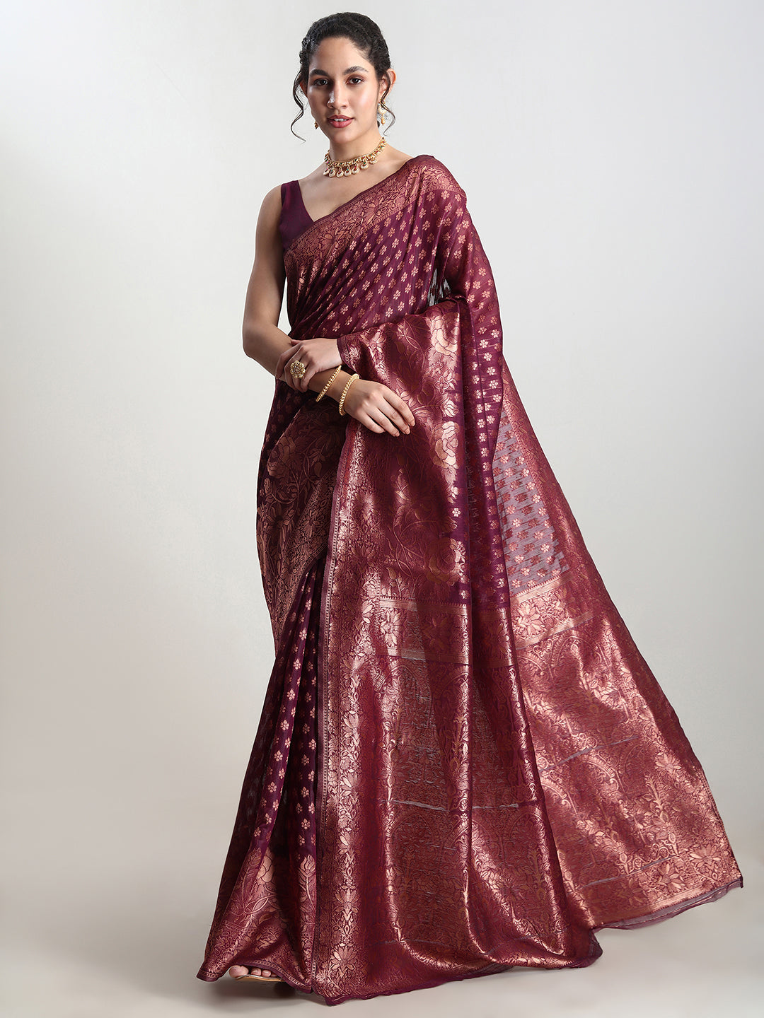 Janasya Purple Silk Blend Floral Jacquard Saree - Distacart