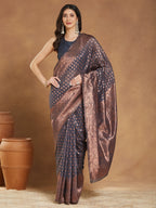 Janasya Dark Grey Silk Blend Floral Jacquard Saree - Distacart