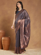 Janasya Dark Grey Silk Blend Floral Jacquard Saree - Distacart