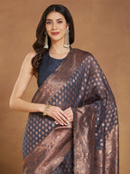 Janasya Dark Grey Silk Blend Floral Jacquard Saree - Distacart