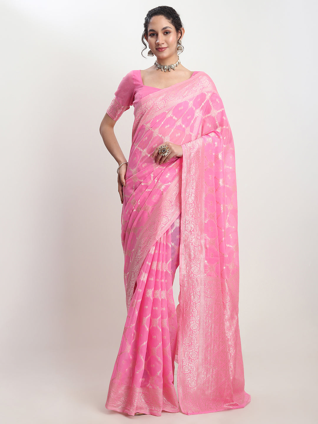Janasya Pink Silk Blend Geometric Jacquard Saree - Distacart
