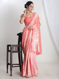 Janasya Peach Silk Blend Leaf Motifs Jacquard Saree - Distacart