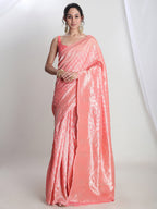 Janasya Peach Silk Blend Leaf Motifs Jacquard Saree - Distacart